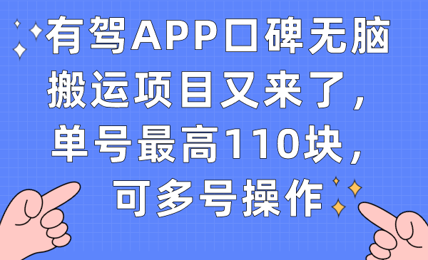 有驾APP口碑无脑搬运项目又来了,单号最高110块,可多号操作-逍遥游