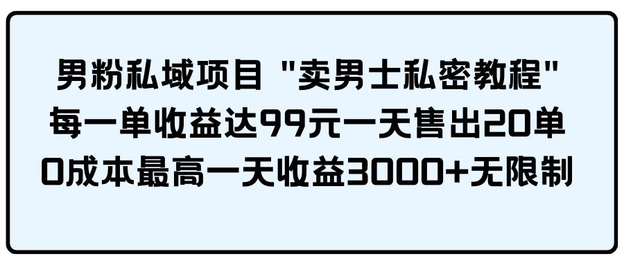 男粉私域项目 卖男士私密教程 每一单收益达99元一天售出20单-逍遥游