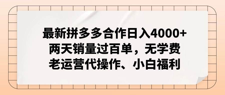 最新拼多多合作日入4000+两天销量过百单，无学费、老运营代操作、小白福利-逍遥游