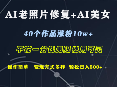 AI老照片修复+AI美女玩发  40个作品涨粉10w+  不花一分钱使用可灵  操作简单  变现方式多样话   轻松日去500+-逍遥游