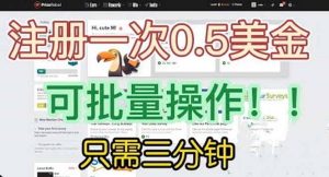 国外项目注册一次0.5美金 只需三分钟无脑操作 可批量放大 小白工作室福利-逍遥游