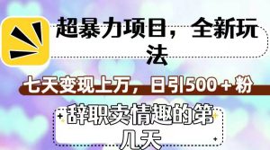 超暴利项目,全新玩法(辞职卖情趣的第几天),七天变现上万,日引500+粉-逍遥游