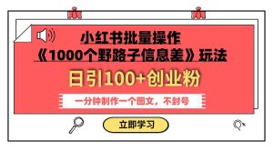 小红书批量操作《1000个野路子信息差》玩法 日引100+创业粉 一分钟一个图文-逍遥游