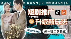 短剧推广升级新玩法,AI一键二创去重,轻松月入2w+(教程+素材)-逍遥游